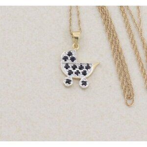 14K Yellow Gold Natural Sapphire Baby Carriage Stroller Necklace 18 inch chain